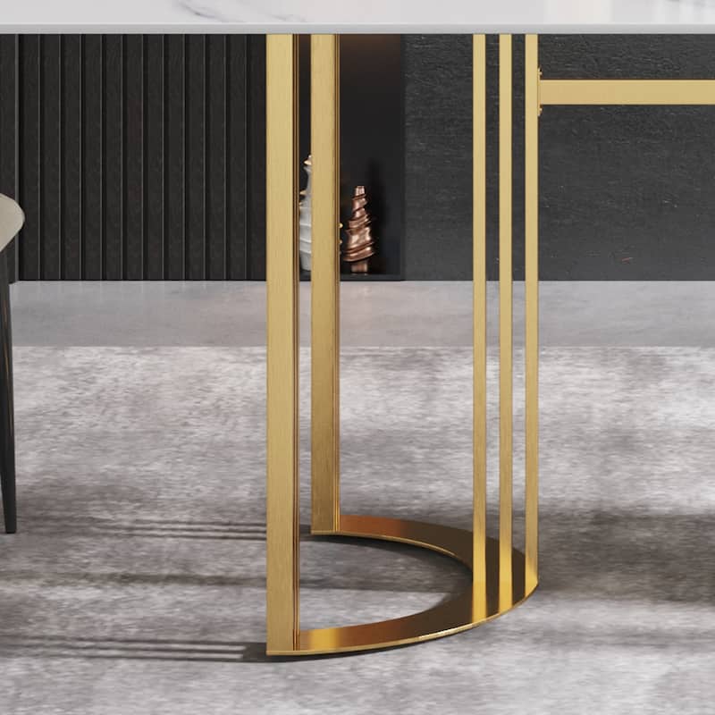63"Modern artificial stone white straight edge metal leg dining table -6 people