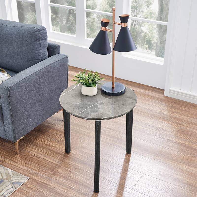 Modern 24-Inch Round Coffee Table - Stylish Imitation Marble Top with Solid Rubber Wood Legs-Perfect Small Wooden Coffee Table