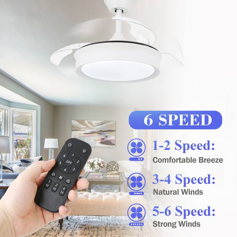 Bella Depot 36" Modern Retractable Ceiling Fan with Led Light, 6-Speed Reversible Blades with Remote