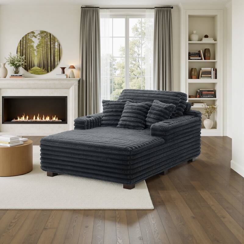 53"W Oversized Plush Fur-Like Chaise Lounge Sofa with Cup Holder