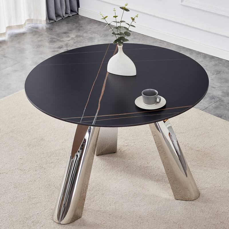 42" Luxury Sintered Stone Table 0.45" Durable Top 6" Steel Legs,350lb Capacity,Stain/Heat-Resistant Black Veined Surface