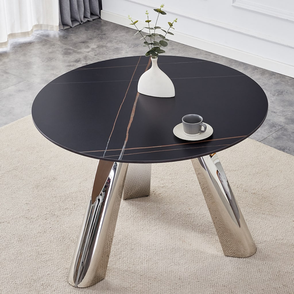 Round Dining Table, Kitchen Table with Stainless Steel Legs, Round Coffee Table Bistro Table for Dining Room