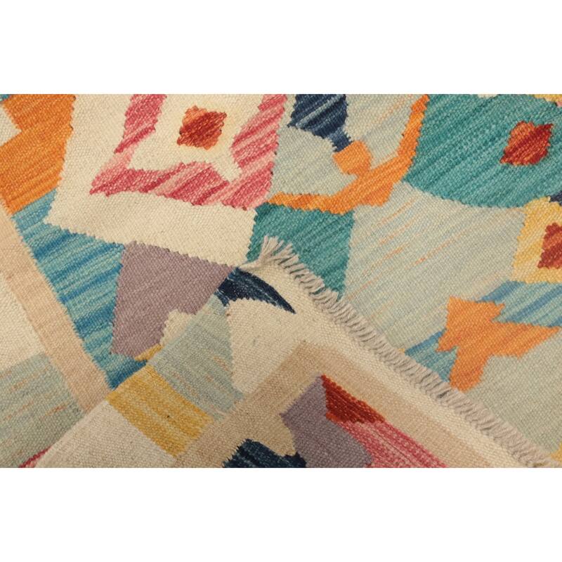 Hand Woven Oriental 100% Wool Carpet Southwestern Geometric Beige & Ivories Kilim Runner Rug - 9' 6'' X 2' 6''