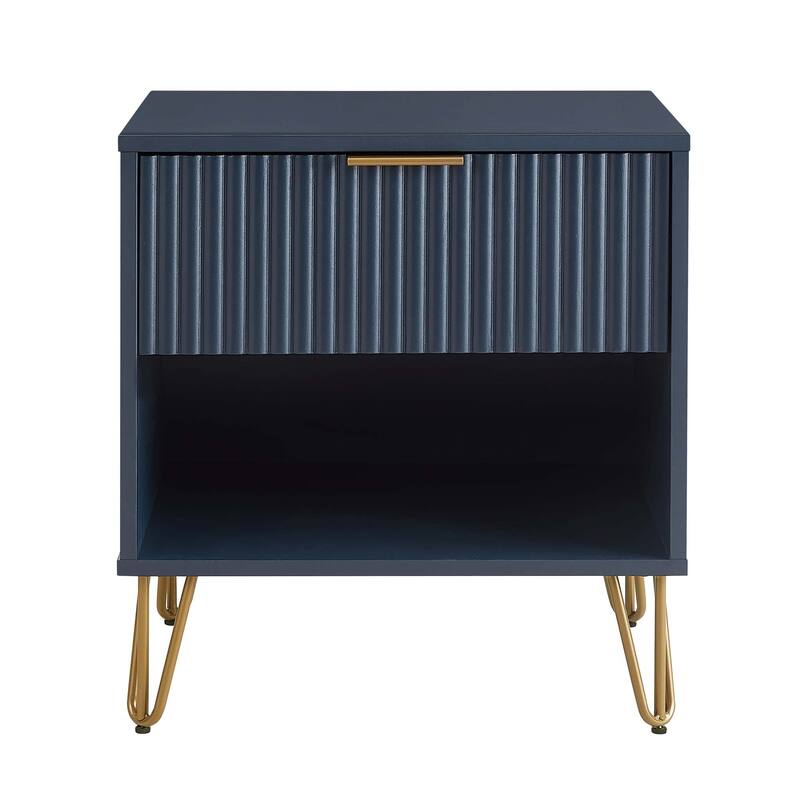 Midnight Blue Fluted Nightstand with Gold Metal Handles - Dark Blue