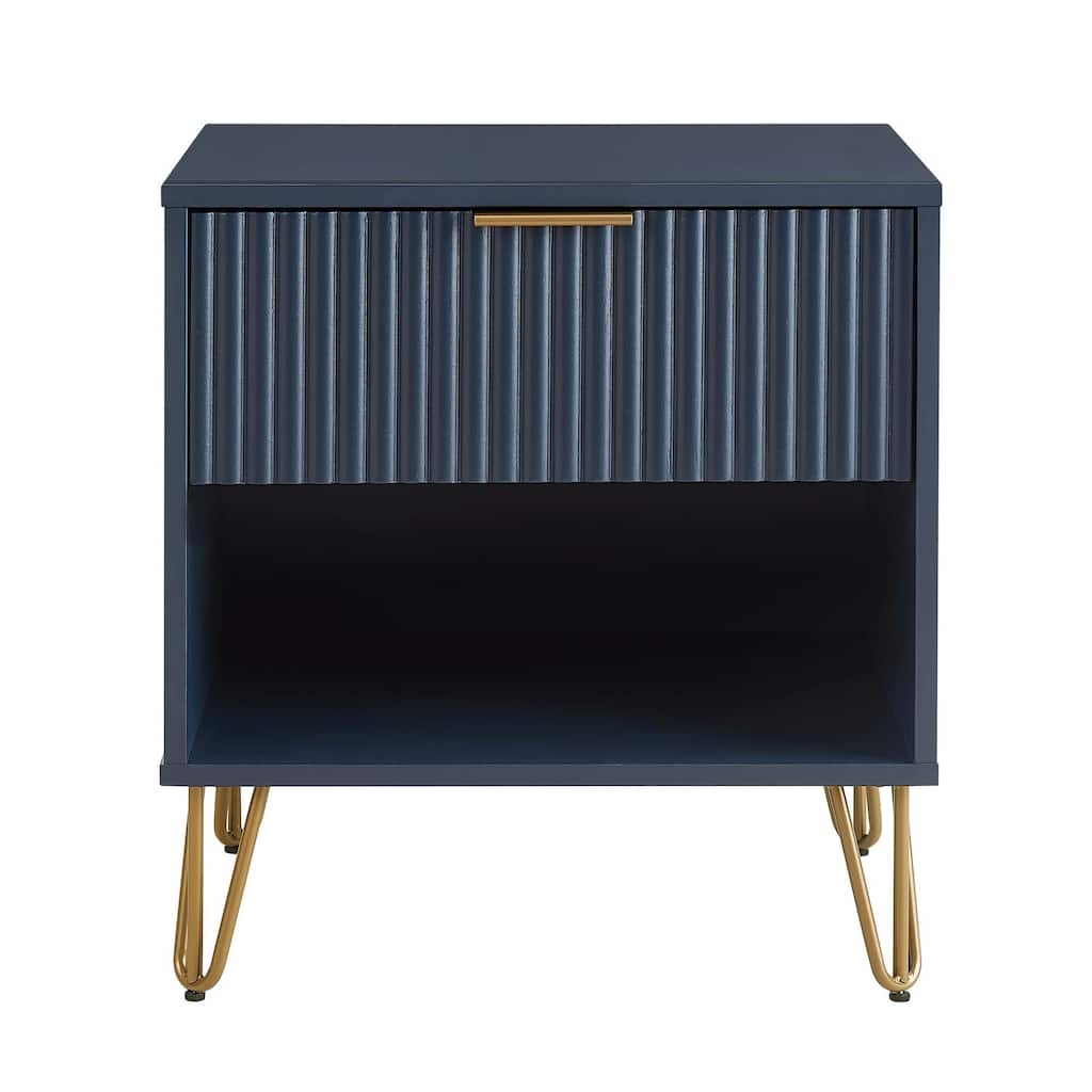 Midnight Blue Fluted Nightstand with Gold Metal Handles