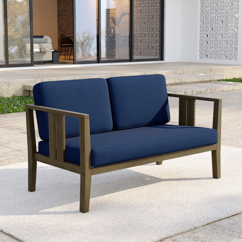 Casual Teak Wood Outdoor Patio Loveseat with Cushions