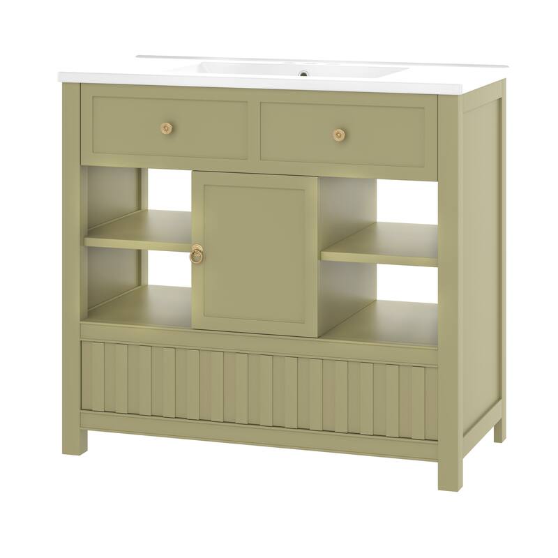 36" Bathroom vanity with sink, multi-functional bathroom cabinet with doors and storage shelves, featuring drawers