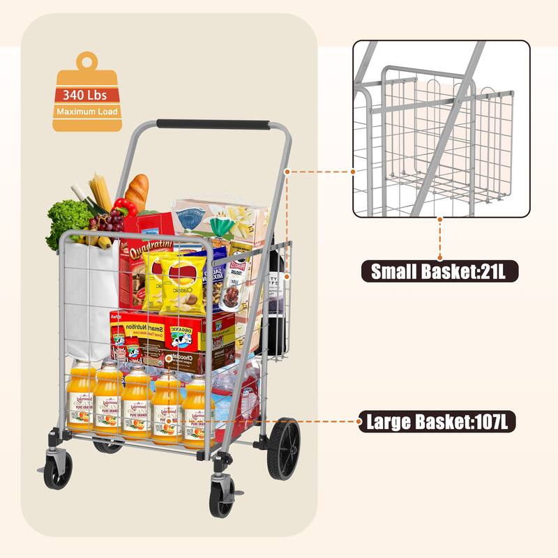 Foldable Grocery Shopping Cart w/ Brake & Double Basket and 360 Rolling Swivel Wheels