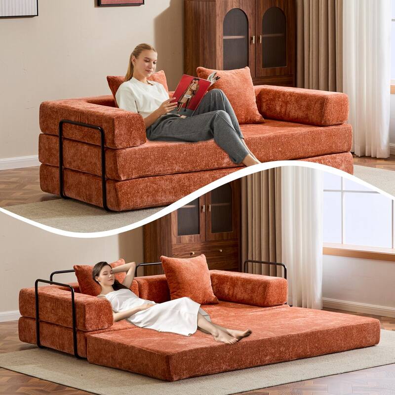 Chenille Floor Sleeper Sofa Bed Foldable Loveseat Couch Futon Sofa with Removable L-shaped Armrest and Movable Iron Frame