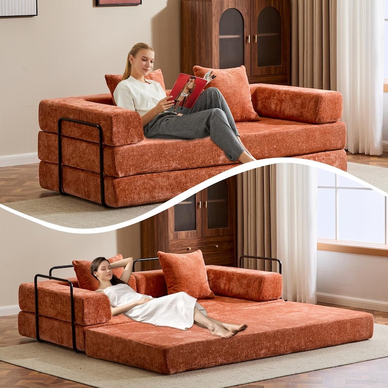 Convertible Flannel Fabric Futon Sofa Sleeper Couch Bed with Sponge Padding for Living Room - 76.77”L x 37.4”W x 23.62”H