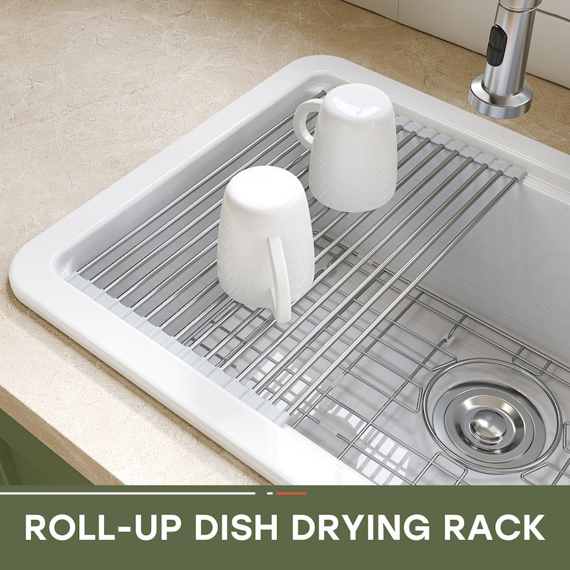 HOROW 30 in. Drop-In Single Bowl White Ceramic Kitchen Sink Standard and Bottom Grid, Drain Assembly, Cutting Board