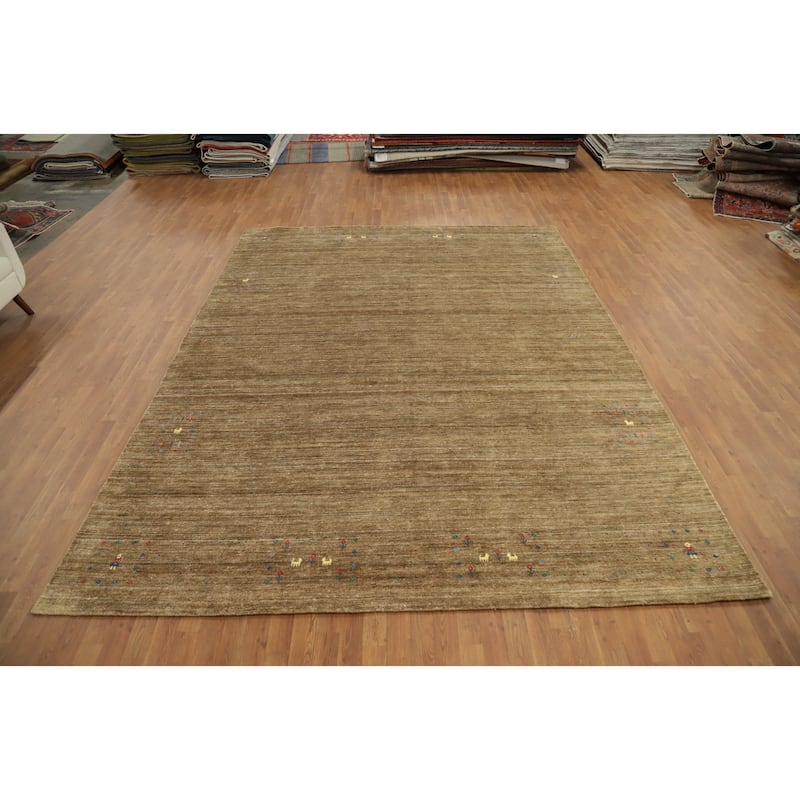 Hand Knotted Oriental Viscose Silk Carpet Tribal Animal Pictorial Yellow & Gold Gabbeh Area Rug - 11' 11'' X 9' 1''