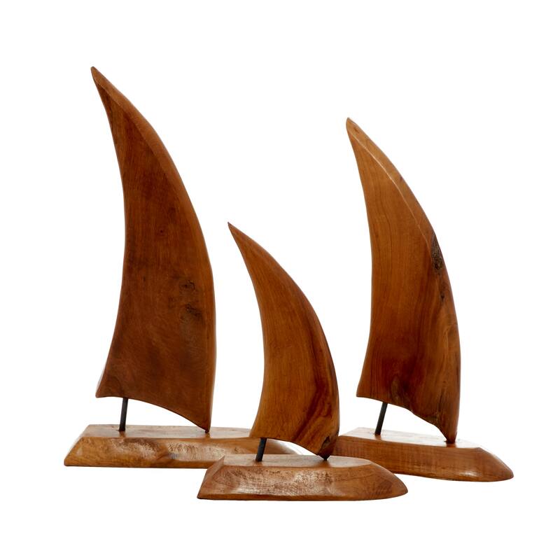Brown Teak wood Coastal Sculpture Sail Boat (Set of 3) - S/3 20", 17", 13"H