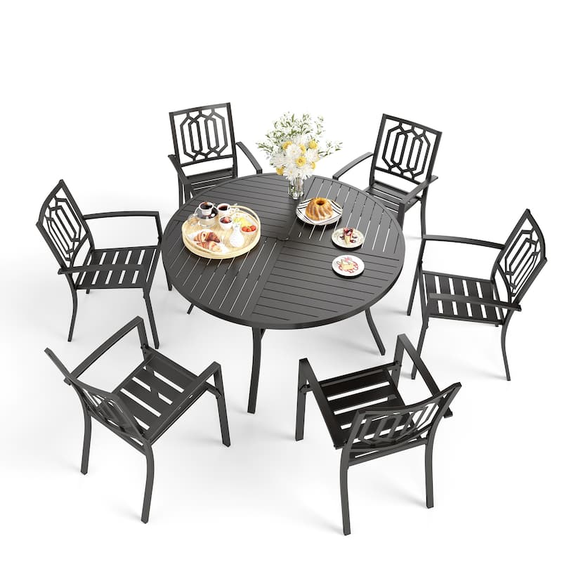 MAISON ARTS 7 Pieces Outdoor Dining Set for 6, Large Round Dining Table with Umbrella Hole & Stackable Metal Chairs