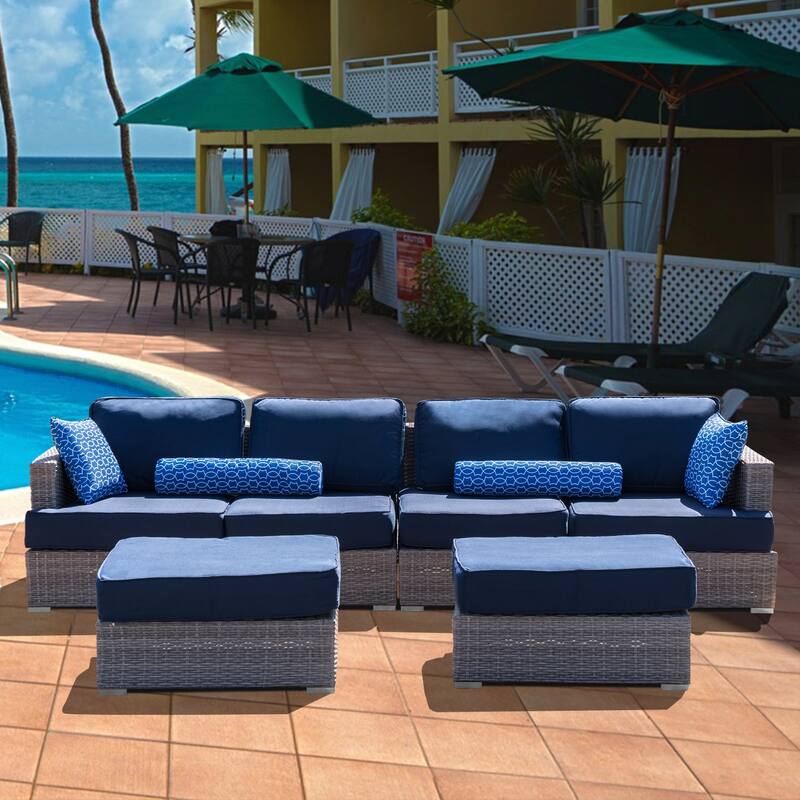 High-Density Polyethylene (HDPE) Wicker 6-Piece Fully Assembled Patio Couch Outdoor Sectional Sofa Set with Navy Blue Cushions