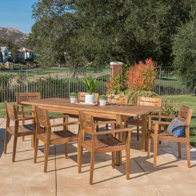 Wilson Outdoor Wood Expandable Rectangle Dining Set by Christopher Knight Home - 9-Piece Sets