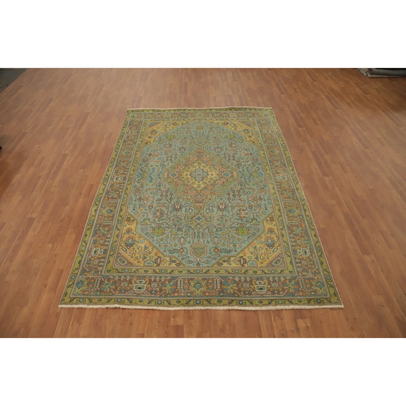 Hand Knotted Oriental 100% Wool Carpet Traditional Floral Navy Blue & Blues Tabriz Area Rug - 9' 6'' X 6' 6''