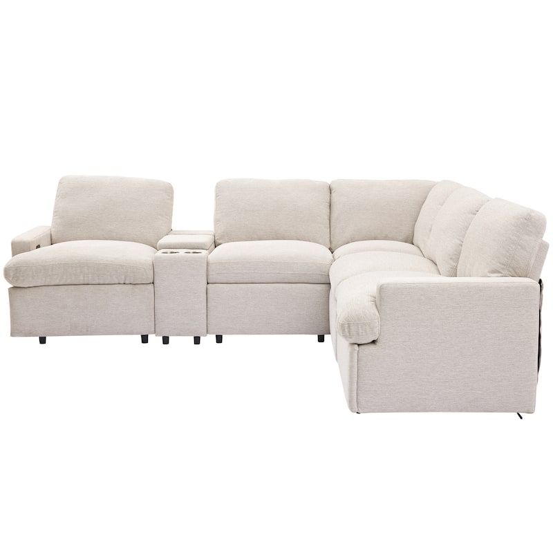 104" Linen Power Recliner Sectional 4-Seat Sofa with Storage, USB Ports and Cup Holders