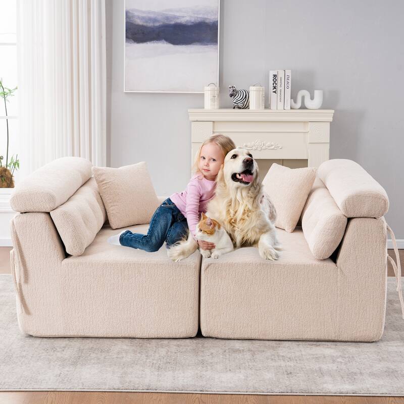 Modern Wood Grain Chenille 4-Seater Modular Sectional Sofa with 2 Pillows for Living Room Apartment