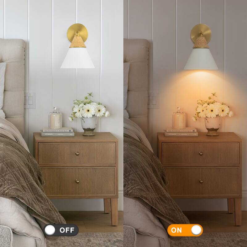 Wall Sconce with Milky Metal Cone Shade and Hand-Wrapped Jute Rope