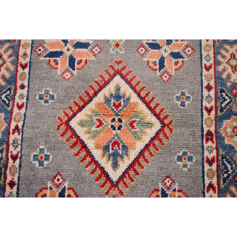 Hand Knotted Oriental 100% Wool Carpet Traditional Geometric Greys & Charcoal Kazak Area Rug - 3' 1'' X 2' 0''