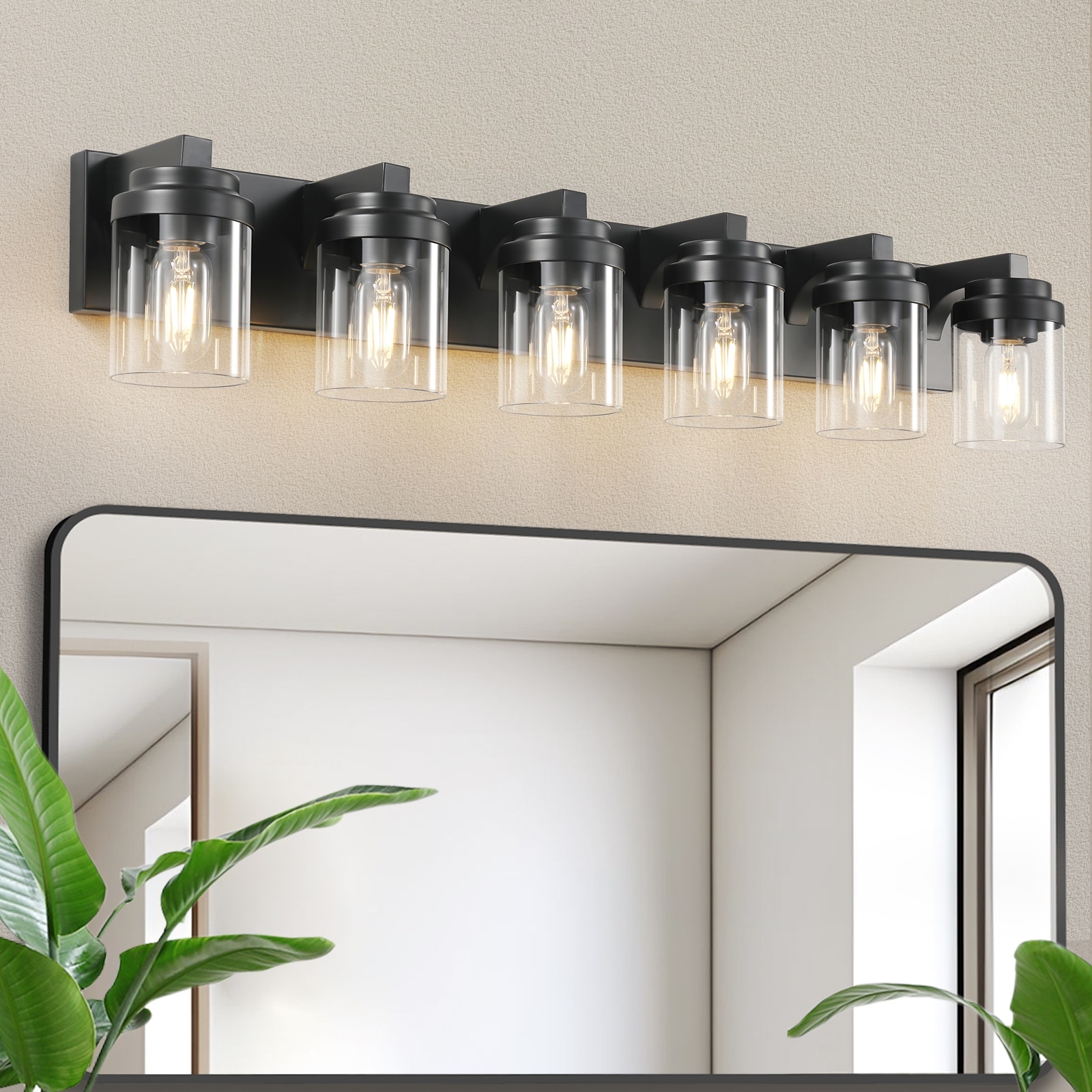 6 Light Bathroom Light Fixtures Over Mirror Bathroom Vanity Light,Black Vanity Lights with Clear Glass Shade(bulbs not included)