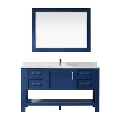 Grayson 60" Single Vanity in Jewelry Blue and Composite Carrara White Stone Countertop With Mirror