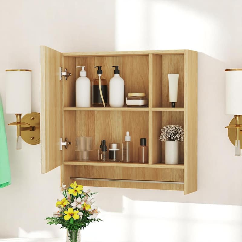 Bathroom Wall Cabinet with Mirror, Hidden & Open Storage, Towel Rack, Space-Saving Medicine Cabinet