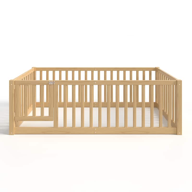 Montessori Floor Bed with Safety Guardrails & Door, Kids Low Profile Frame, Available in Queen/Full/Twin