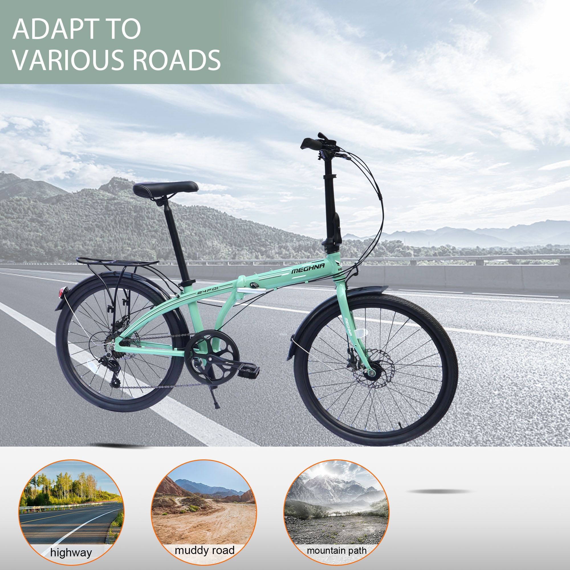 24 Folding City Bike Aluminum Frame 7 Speed Folding Bike Green