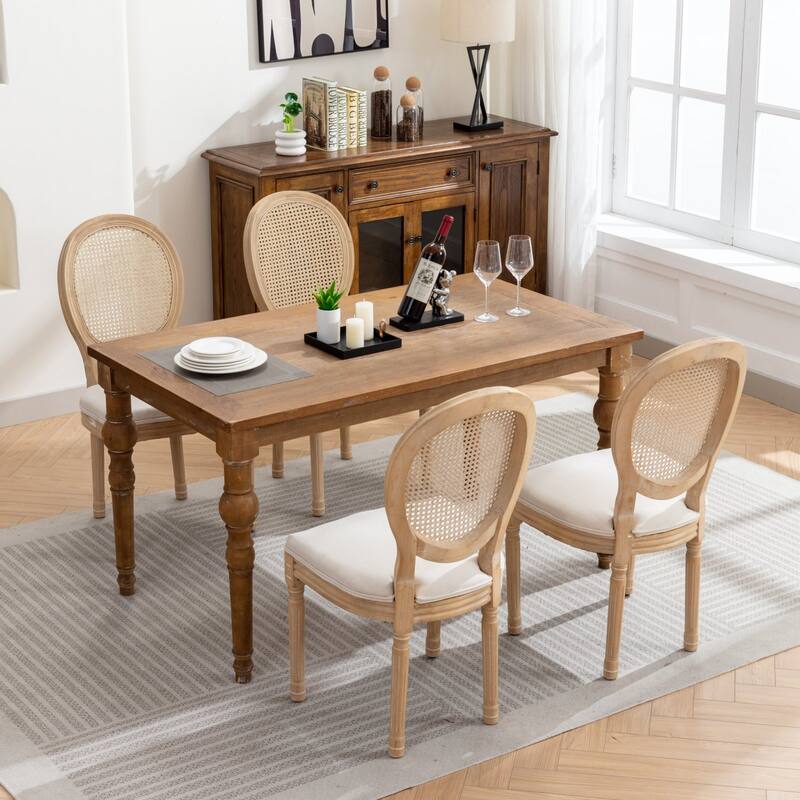 Rattan Upholstered Dining Chairs Set of 2, Solid Wood Kitchen Side Chair, Dining Room Chairs with Curved Backrest