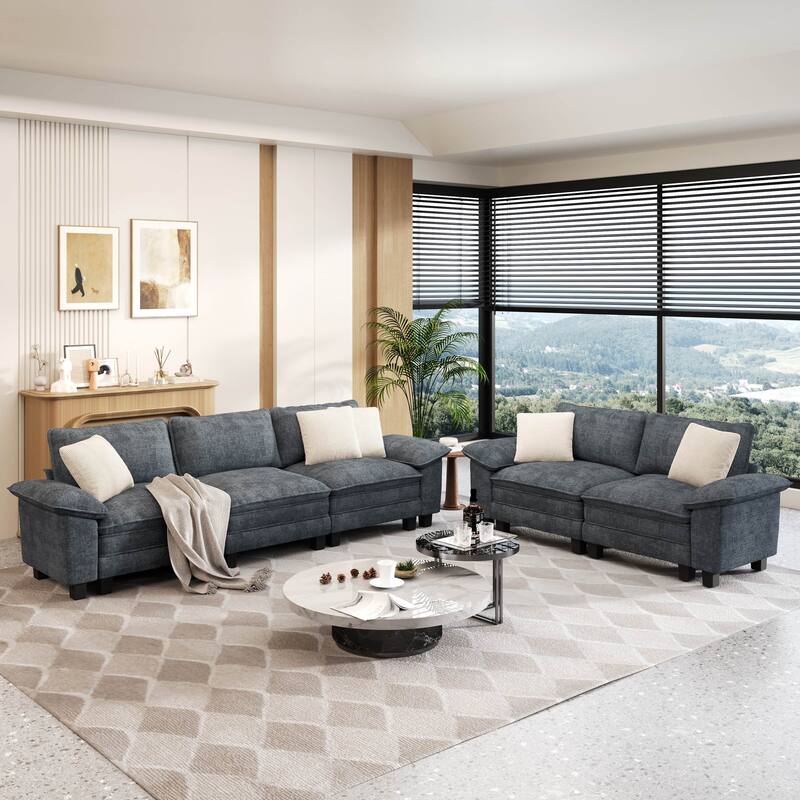 MAISON ARTS 2-Piece Chenille & Corduroy Sofa Set, Comfy 3/4/5-Seater Modular Loveseat & Armchair with Throw Pillows - Blue Grey Chenille(5 Pieces) - Left Facing