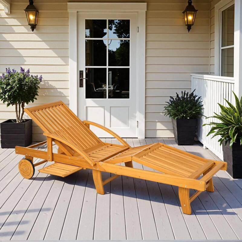 Acacia Wood Folding Lounge, 4-Pos Adjustable, Wheels for Beach - Teak