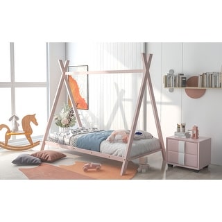Pink Metal Twin House Bed Frame with Tent Design - Charming for Kids