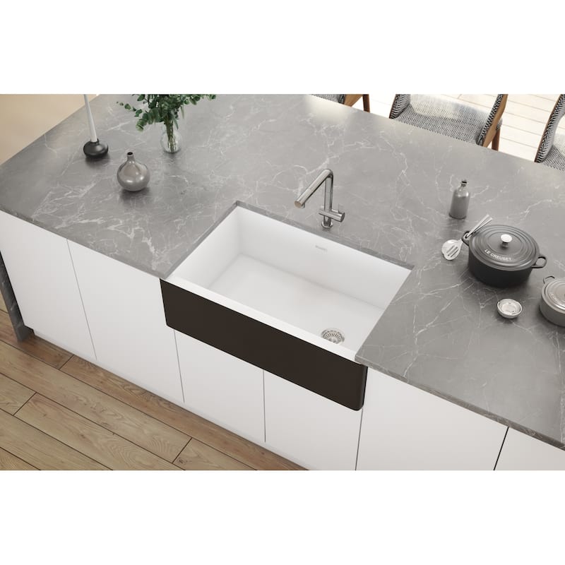 Ruvati 30-inch Fireclay Farmhouse Offset Drain Kitchen Sink Single Bowl Black and White Dual Color RVL4018RBW - 8' x 11'