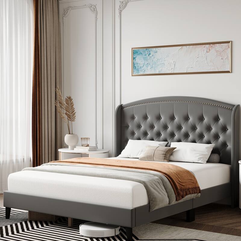Platform Bed Frame Full with Upholstered Wingback Headboard - Grey - Queen