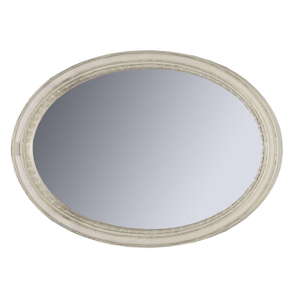 Oval Shaped Wooden Mirror with Molded Details, Antique White