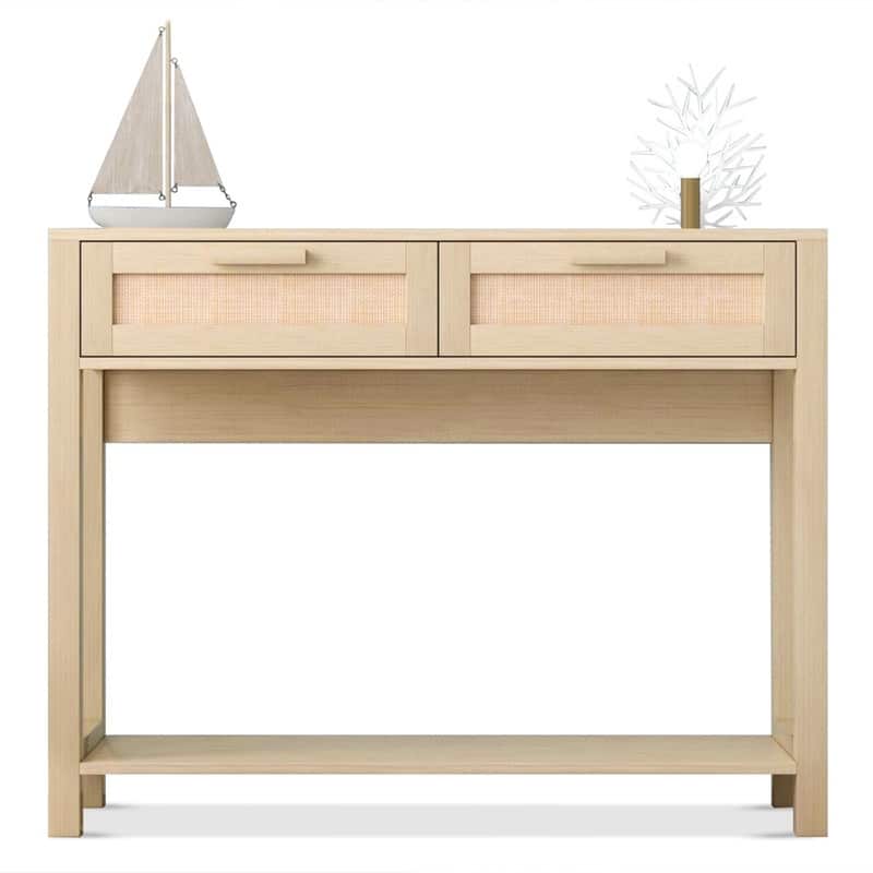 39.4" Rattan Console Table with 2 Drawers Entryway Table