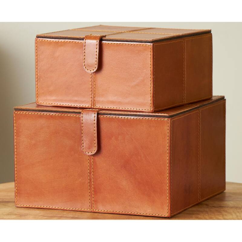 Leather Handmade Decorative Box with Hinged Lid - Set of 2 Gray, Brown, Dark Brown, Gold, Silver - Roche River Decor