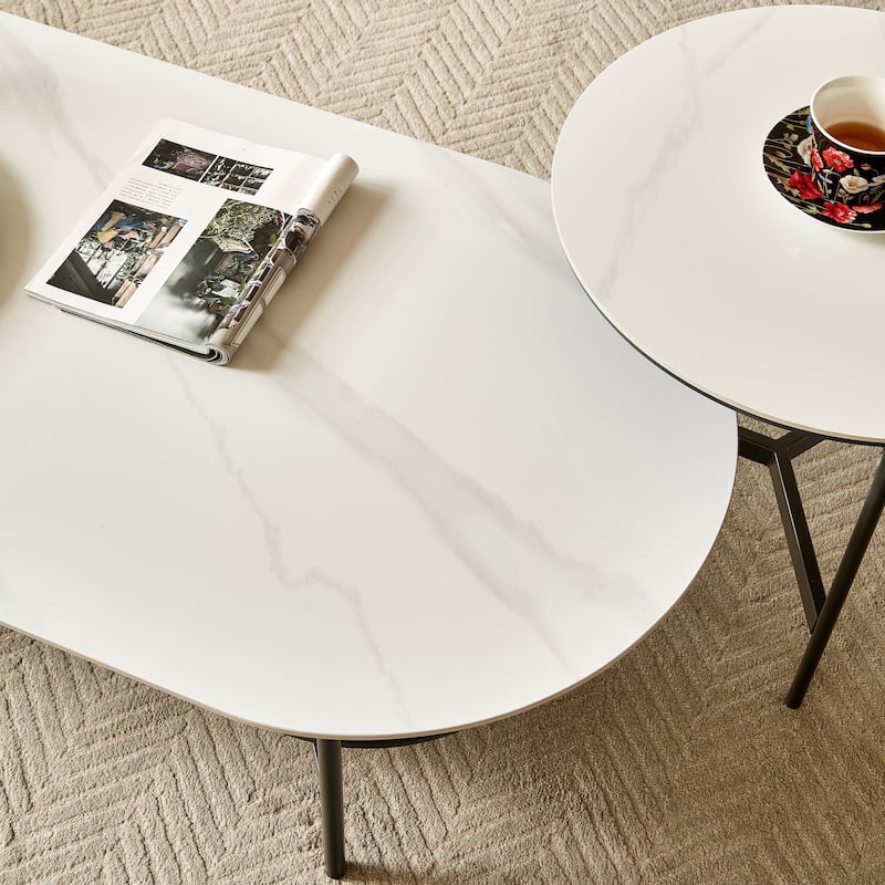 Oval Coffee Table with Bright Sintered Stone Top, 2-Tier Center Table with Metal Frame and Walnut finish Storage Shelf