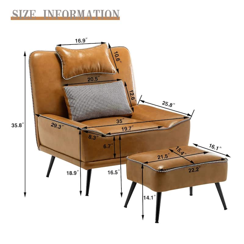 Accent Chair with Ottoman, Mid Century Modern Upholstered Faux Leather Chairs for Living Room Bedroom Lounge Chair Armless