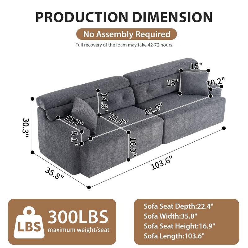 103.2" Fabric 4-Seater Sofa, Raised Back, 2 Pillows and Deep Seat Design