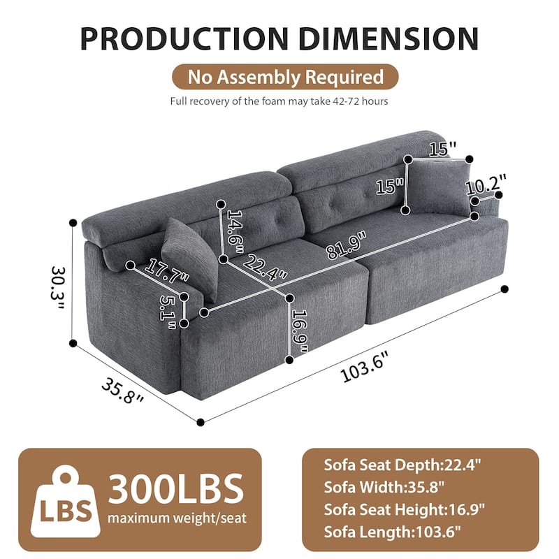 Modern Wood Grain Chenille 4-Seater Modular Sectional Sofa with 2 Pillows for Living Room Apartment