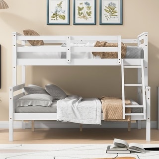 Twin over Full Bunk Bed Wood Frame Guardrail Bed with Ladder and Headboard & Footboard for Kids Teens