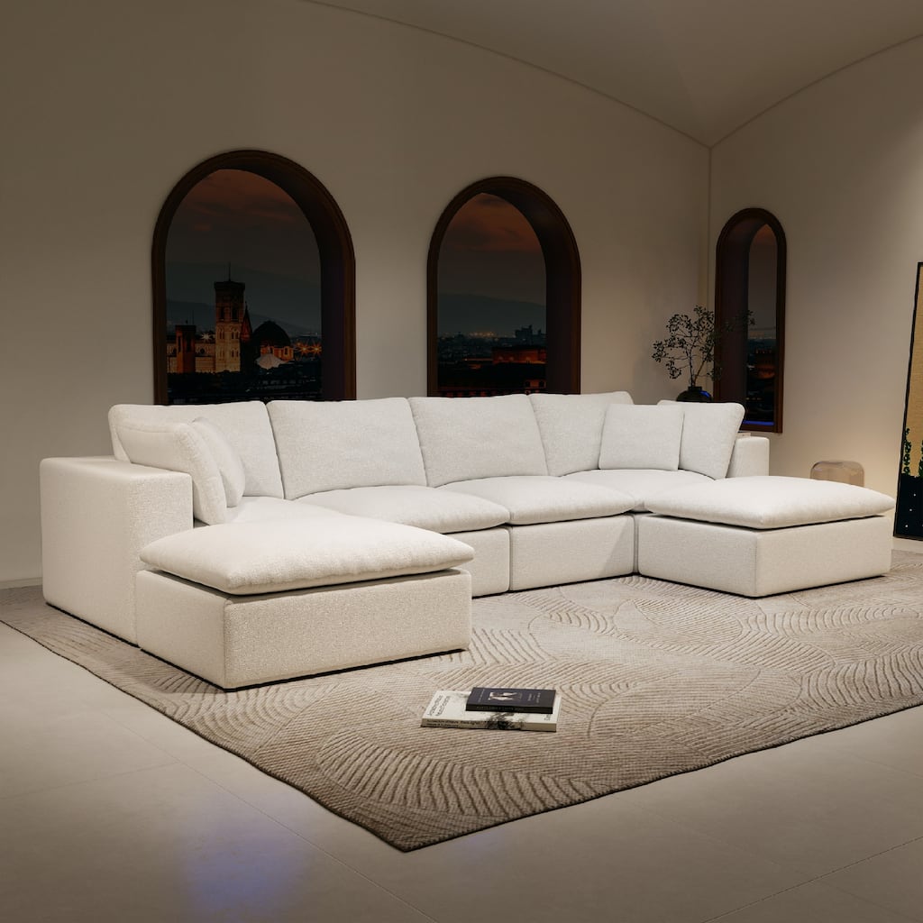 Roomfitters 137.8" Modular Sectional Sofa, 5-Piece Compressed Cloud Couch, No Assembly, Plush Corduroy, White
