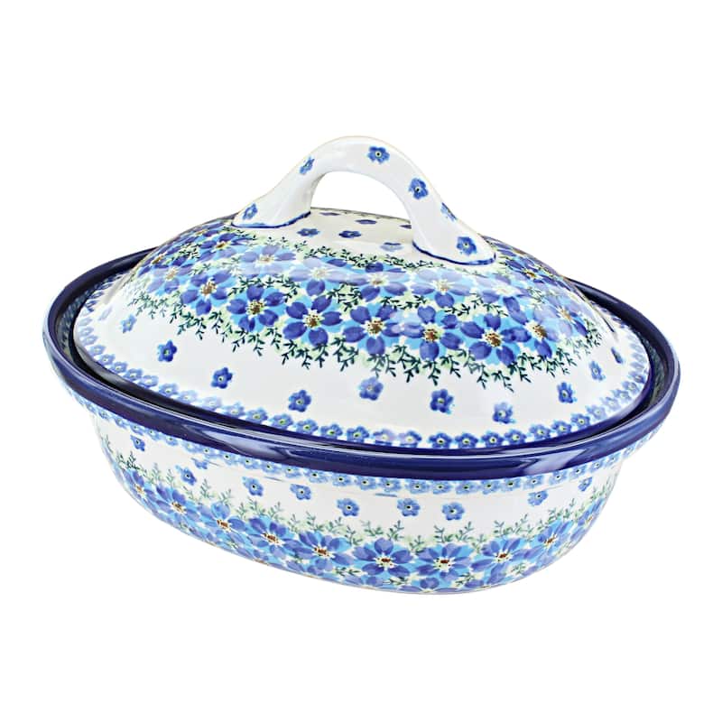 Blue Rose Polish Pottery 1158 Zaklady Roaster with Lid - Kalina