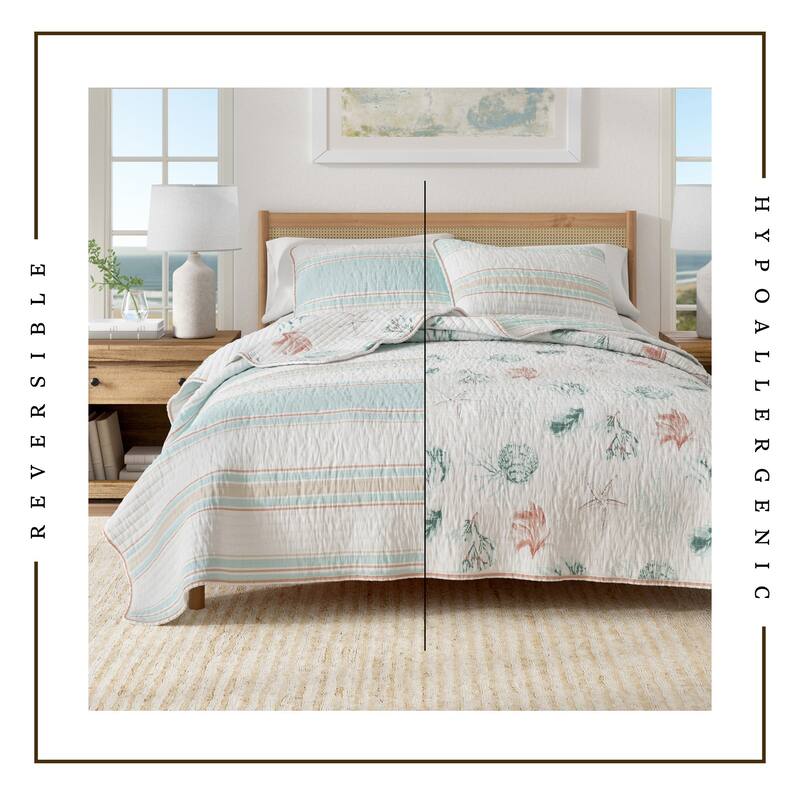 Linery & Co. Cotton Stitched Reversible Coastal 3 Piece Quilt and Sham Set