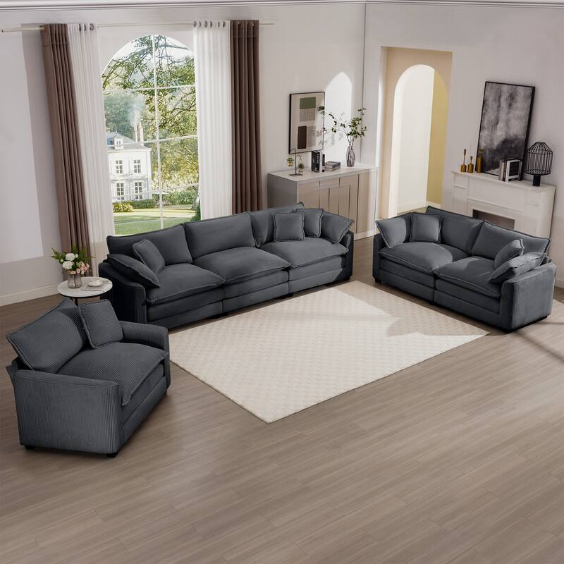 Roomfitters 3-Piece Modular Corduroy Sofa Set, Oversized Deep Seat Sectional with Memory Foam - Grey