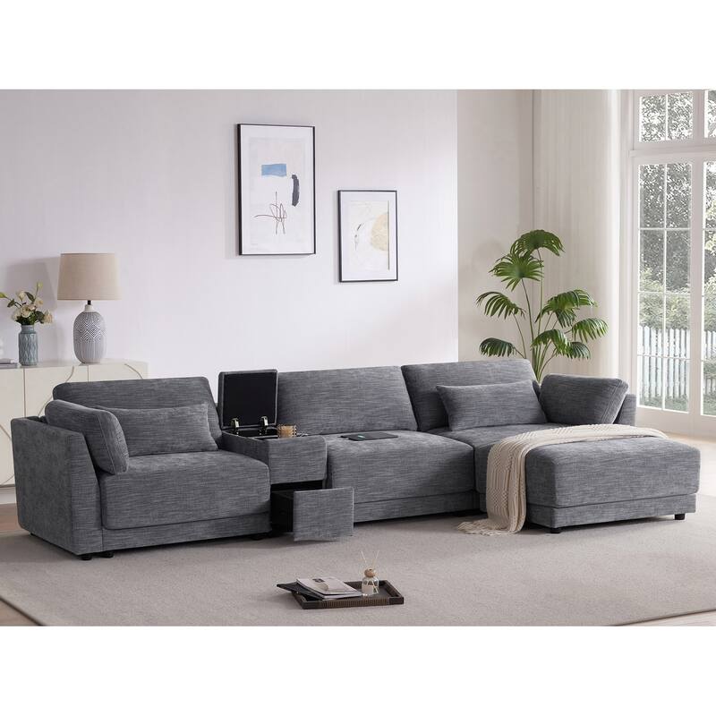 Oversized Modular Sectional Sofa, Chenille 4 Seat Sofa with Storage Console & Movable Ottoman, Comfy Sofa with 4 Pillows