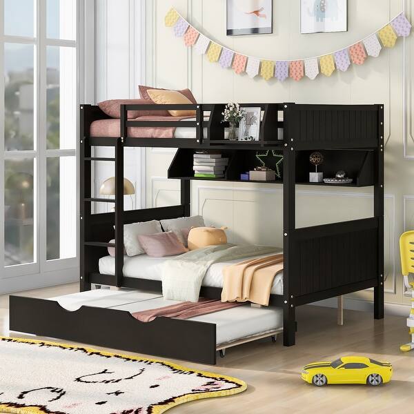 slide 2 of 24, Full Over Full Bunk Bed with Twin Trundle and Bookshelf, Solid Pine Wood Frame, Separable Design, for Kids and Teens Espresso